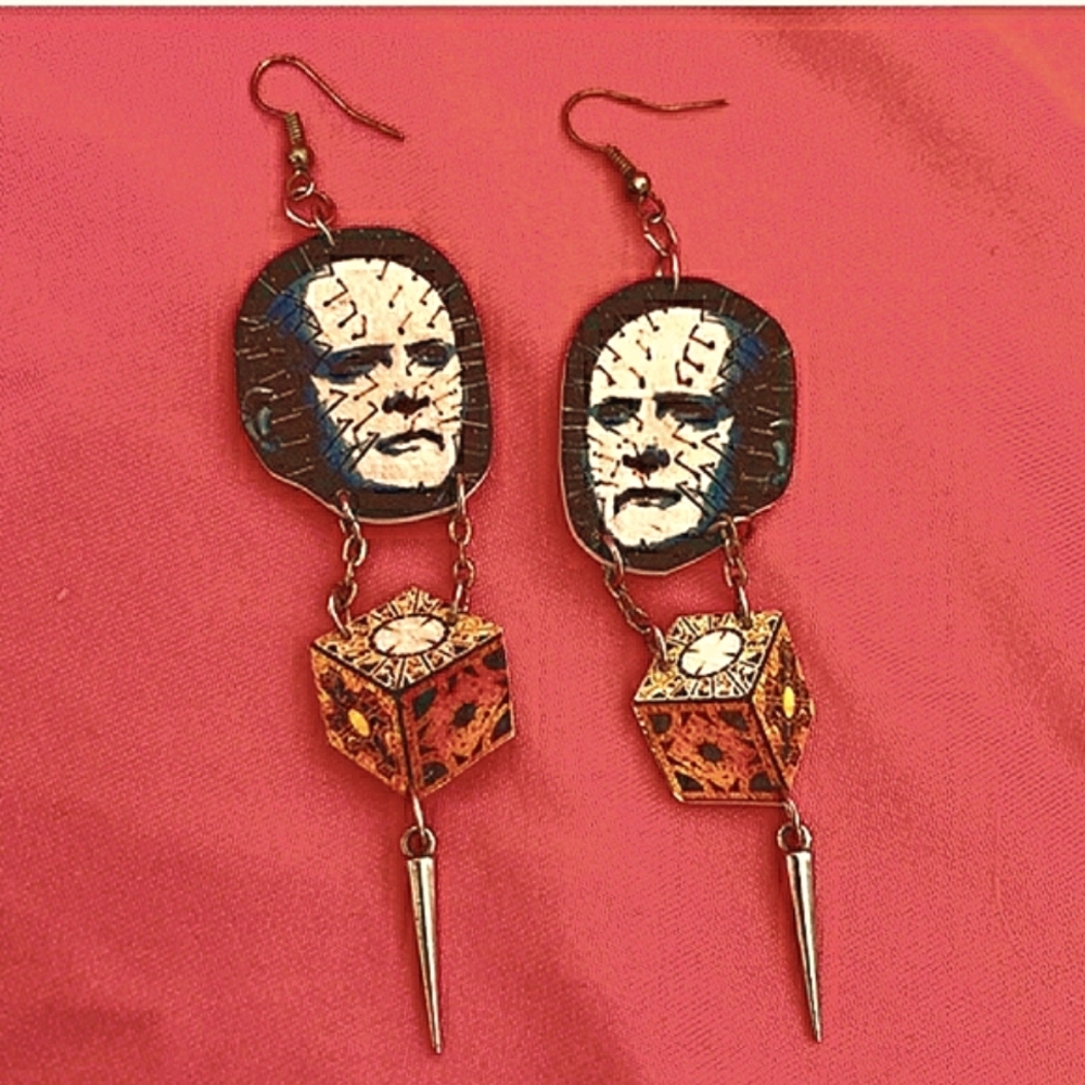 HELLRAISER "Pinhead" Unique Horror Movie Dangle Earrings with Silver Hardwear
